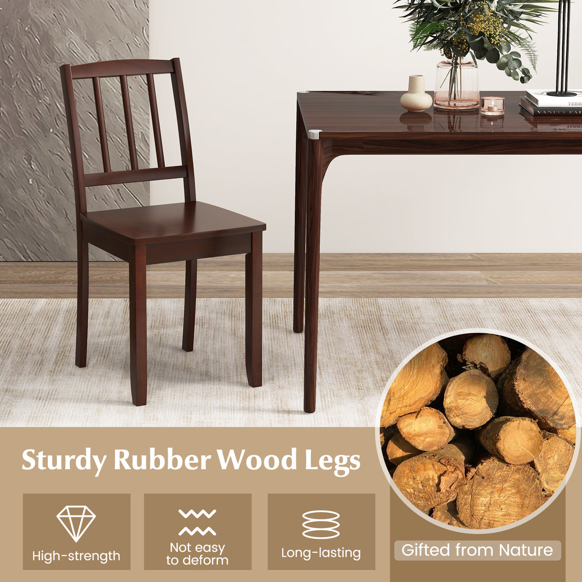 Wood Dining Chair Set of 2 with Rubber Wood Legs-Brown-Dining Chairs-DECOROLALA