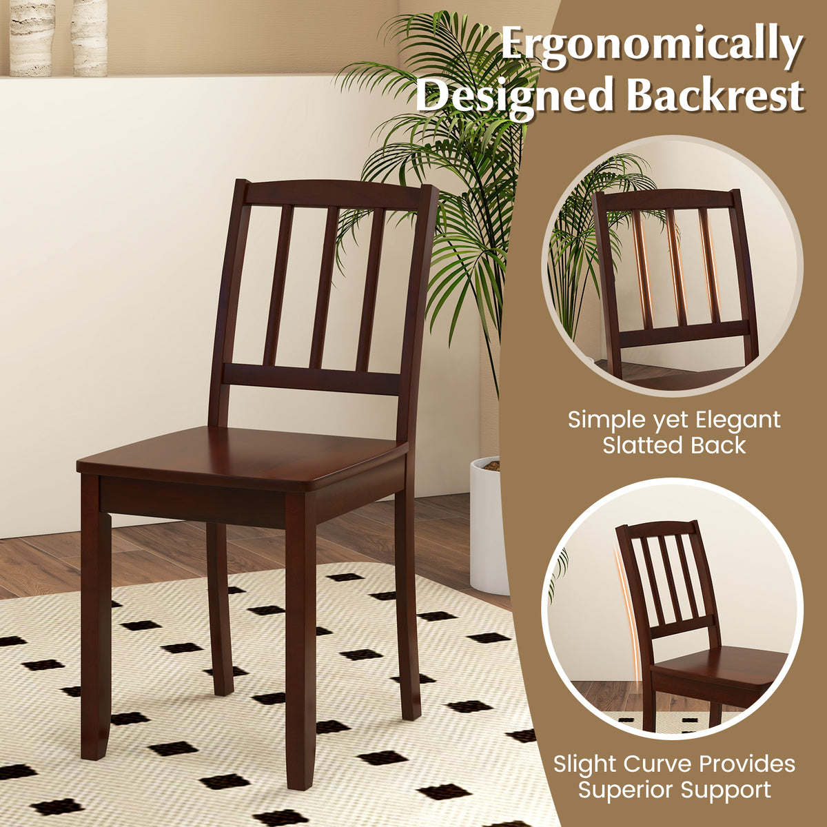 Wood Dining Chair Set of 2 with Rubber Wood Legs-Brown-Dining Chairs-DECOROLALA