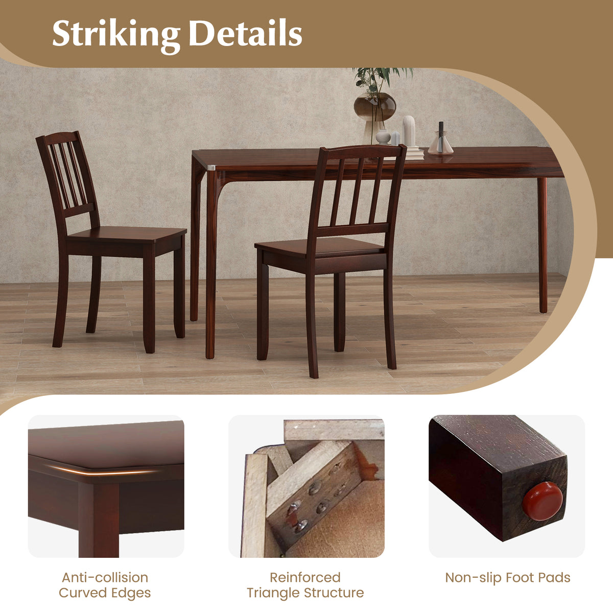 Wood Dining Chair Set of 2 with Rubber Wood Legs-Brown-Dining Chairs-DECOROLALA