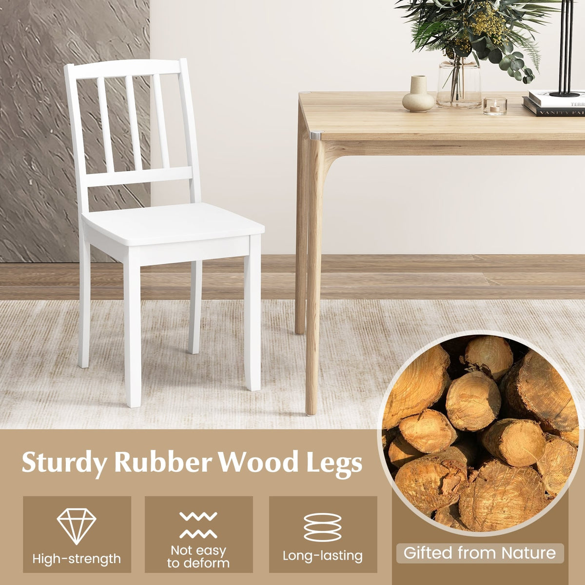 Wood Dining Chair Set of 2 with Rubber Wood Legs-White-Dining Chairs-DECOROLALA