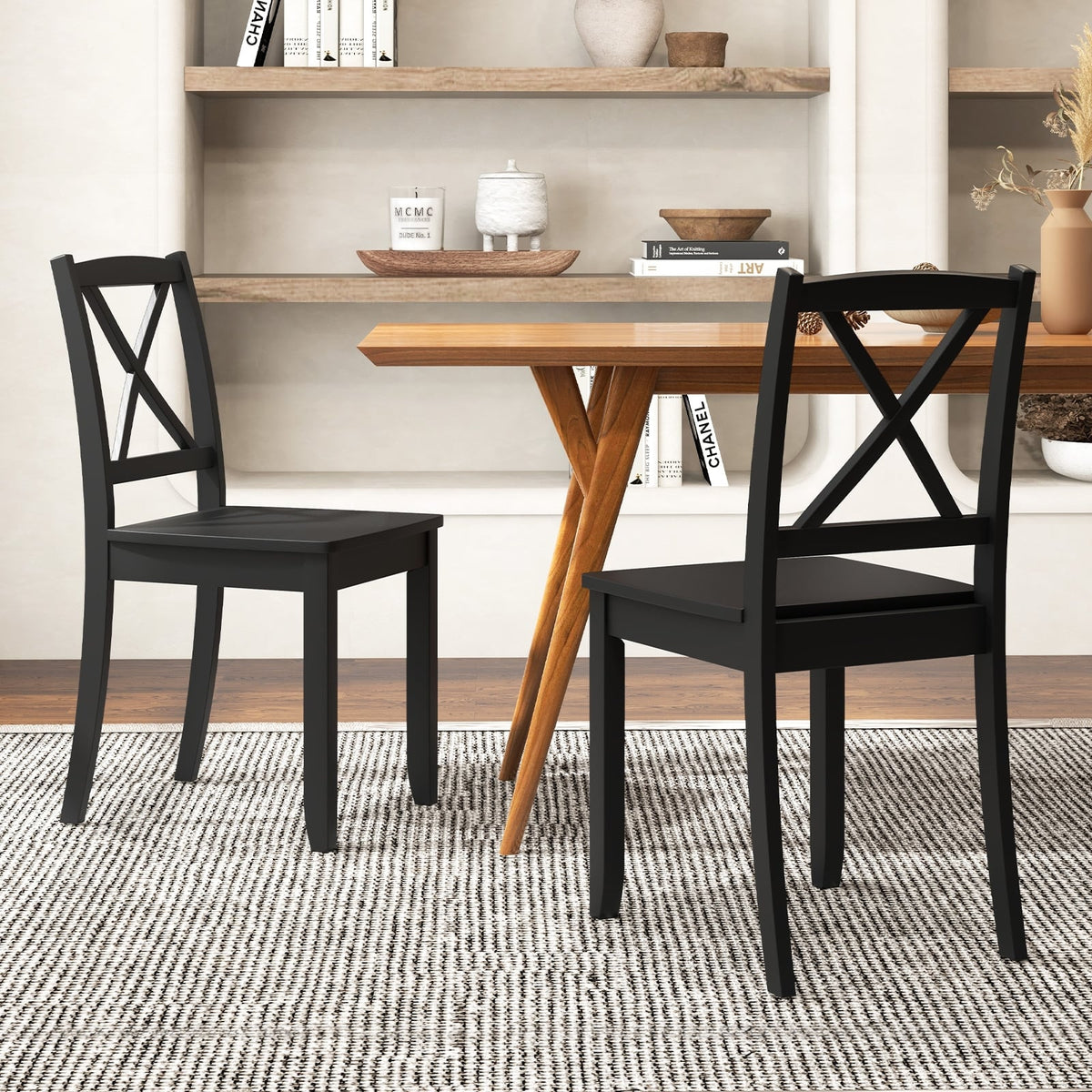 Wood Dining Chair Set of 2 with Rubber Wood Legs and Curved Backrest-Black-Dining Chairs-DECOROLALA