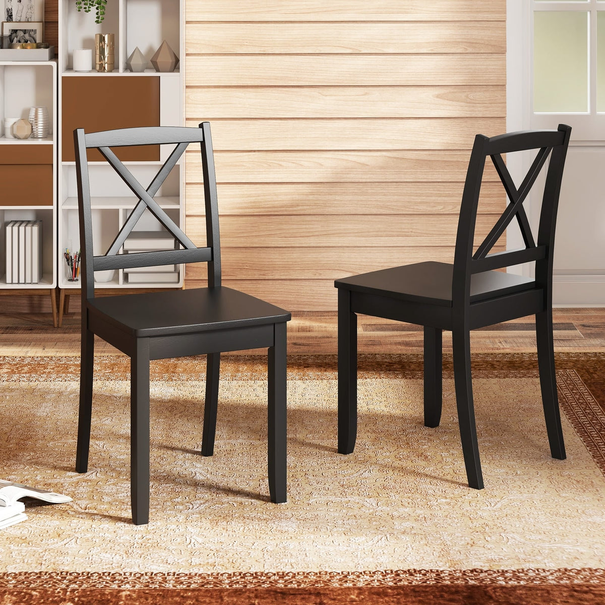 Wood Dining Chair Set of 2 with Rubber Wood Legs and Curved Backrest-Black-Dining Chairs-DECOROLALA
