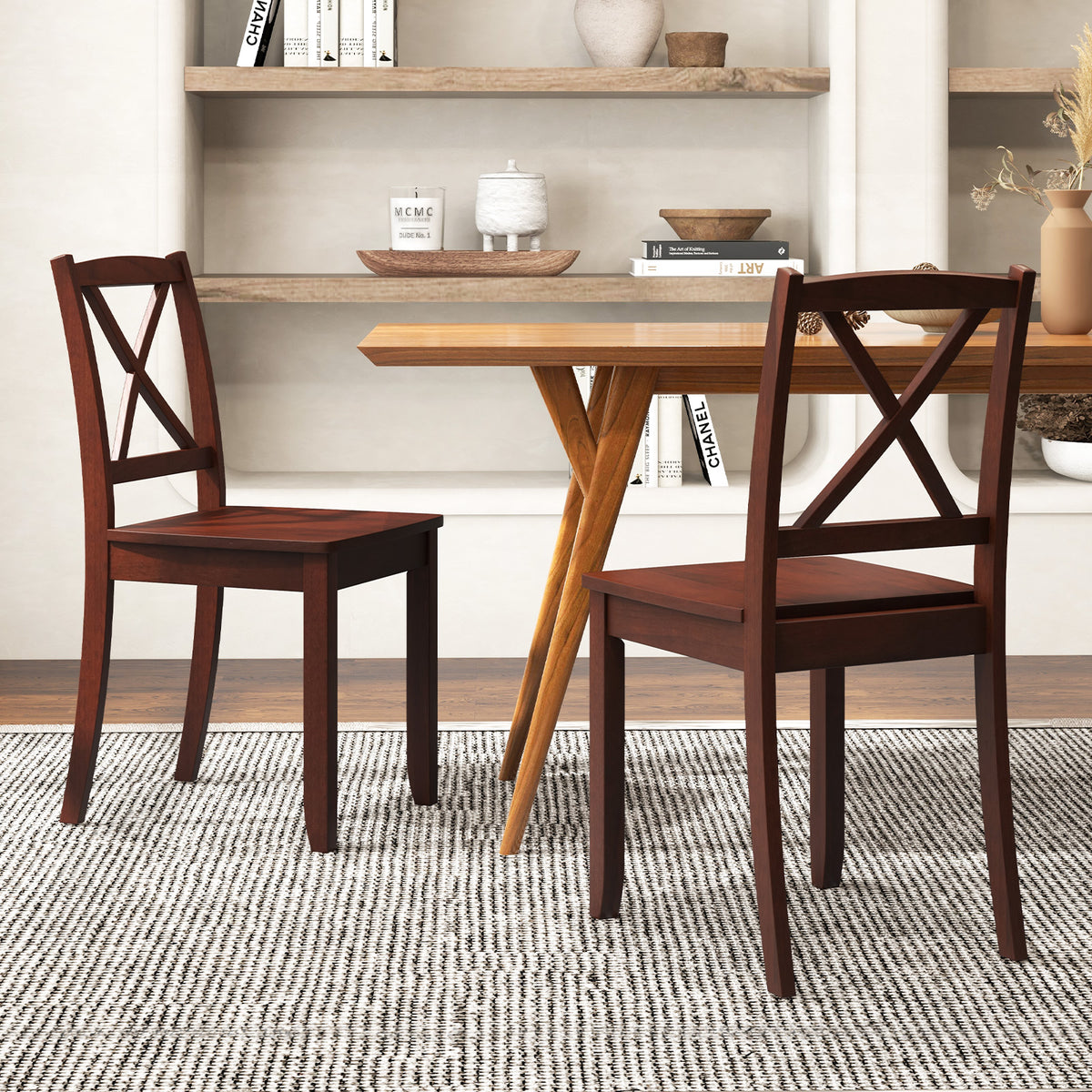 Wood Dining Chair Set of 2 with Rubber Wood Legs and Curved Backrest-Brown-Dining Chairs-DECOROLALA