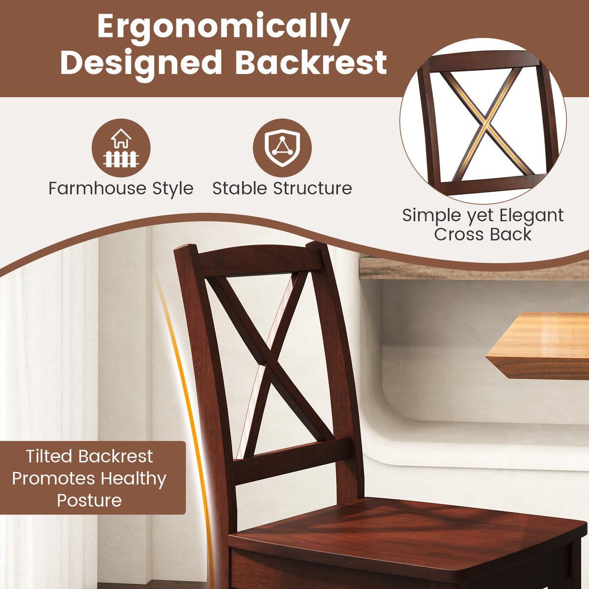 Wood Dining Chair Set of 2 with Rubber Wood Legs and Curved Backrest-Brown-Dining Chairs-DECOROLALA