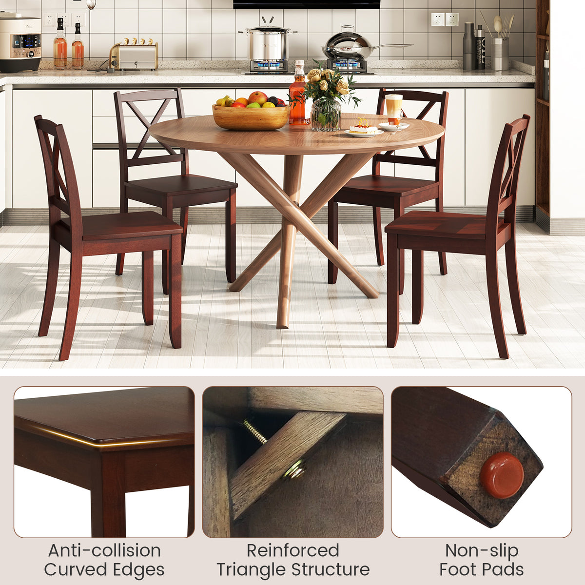 Wood Dining Chair Set of 2 with Rubber Wood Legs and Curved Backrest-Brown-Dining Chairs-DECOROLALA