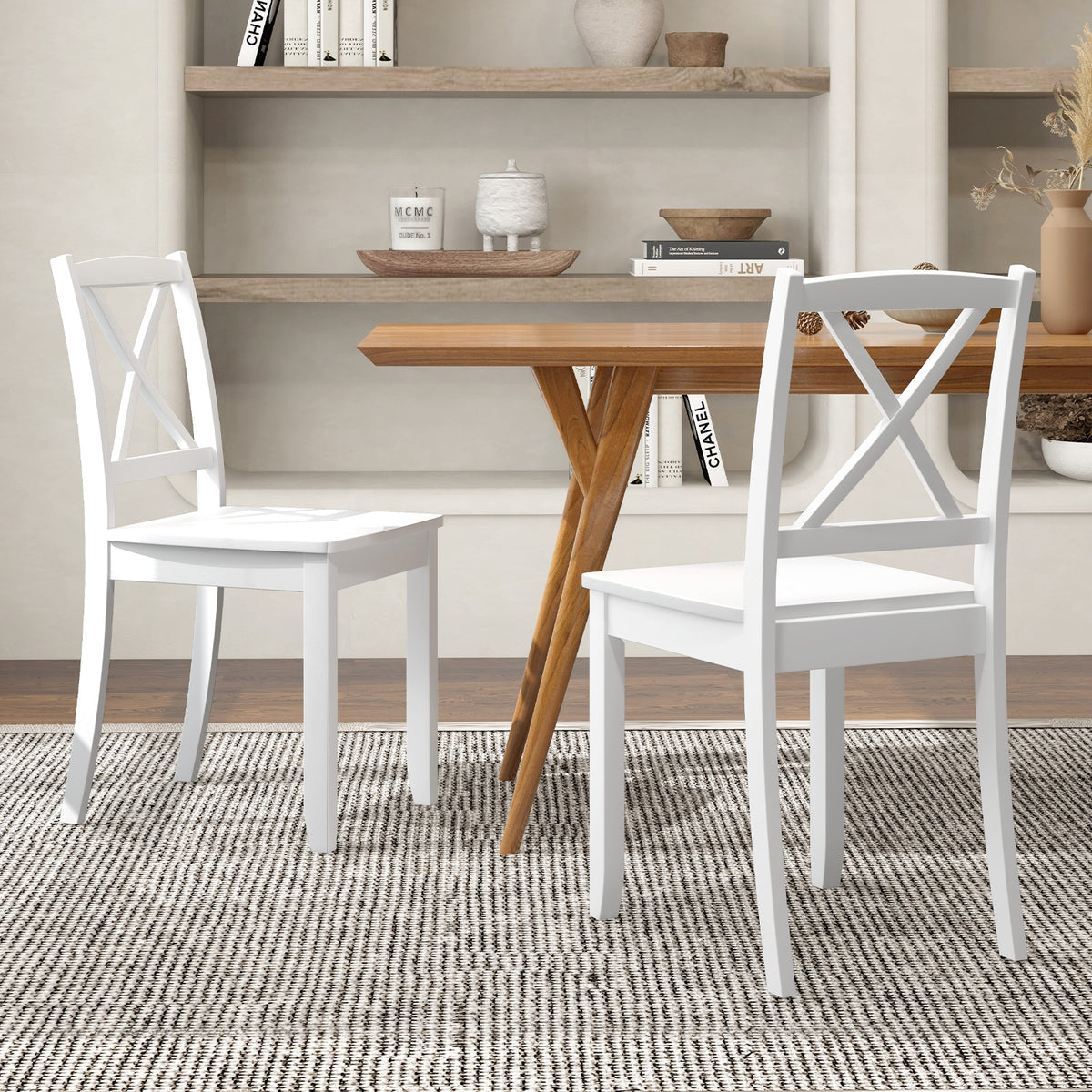 Wood Dining Chair Set of 2 with Rubber Wood Legs and Curved Backrest-White-Dining Chairs-DECOROLALA
