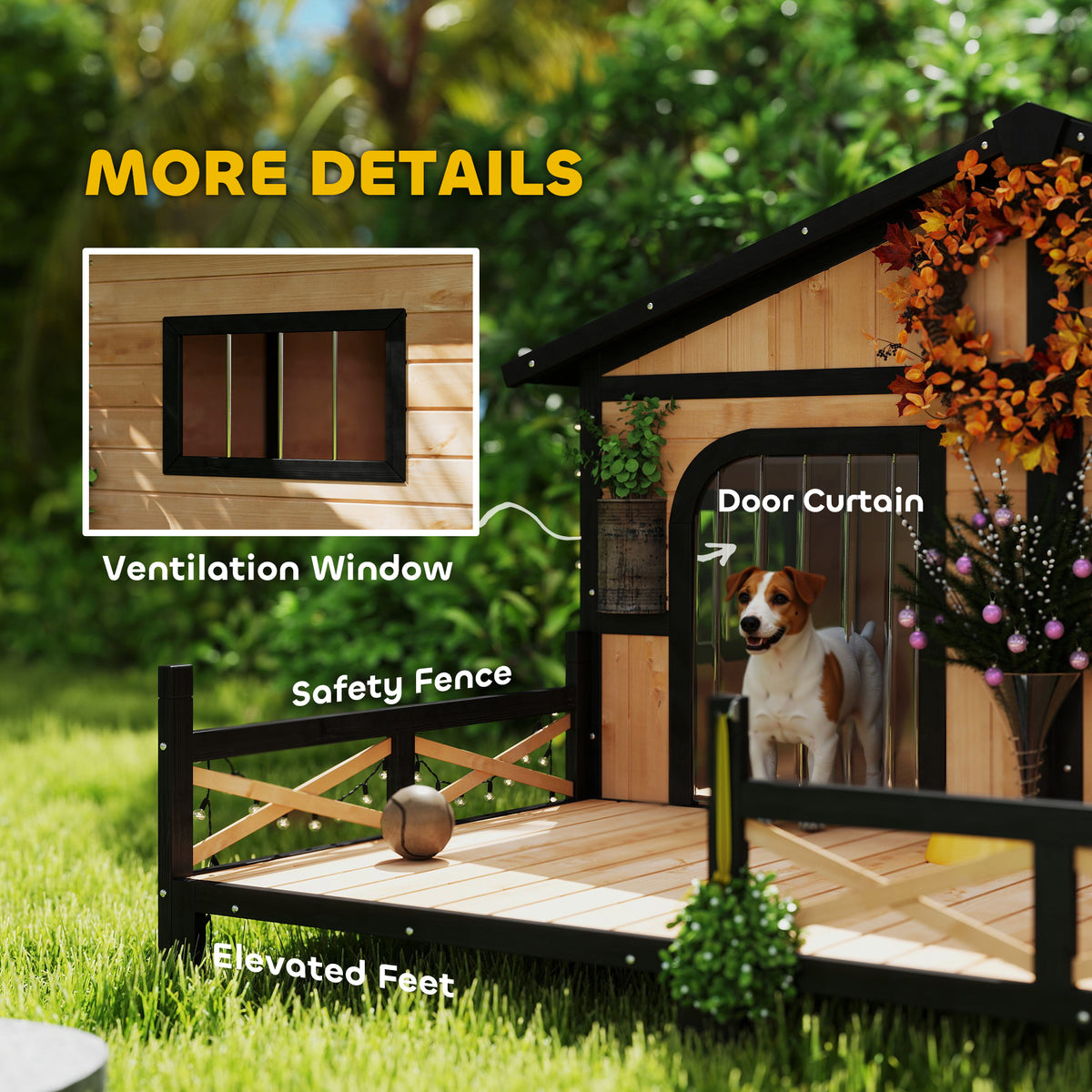 Wood Dog House Cabin-Style Elevated Pet Shelter with Porch, Beige-Dogs-DECOROLALA