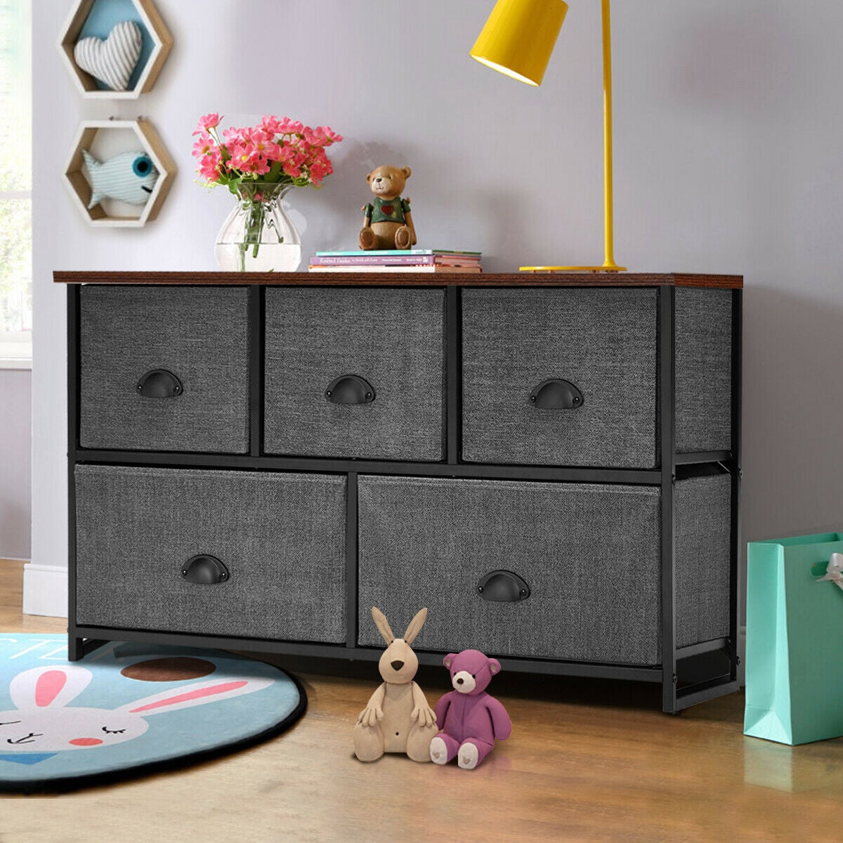 5-Drawer Fabric Dresser - Gray (min order qty 2)-Dressers & Chests-DECOROLALA