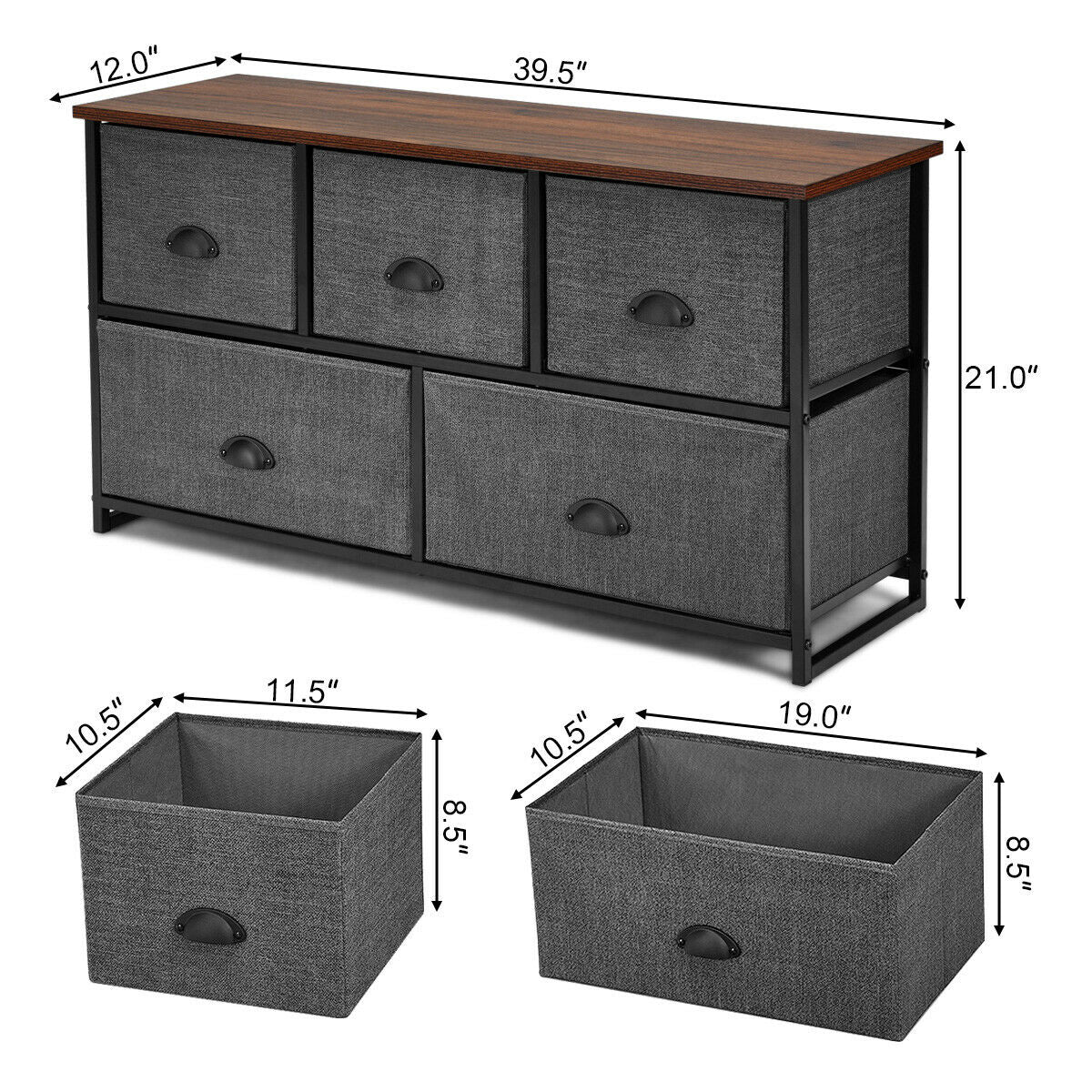 5-Drawer Fabric Dresser - Gray (min order qty 2)-Dressers & Chests-DECOROLALA