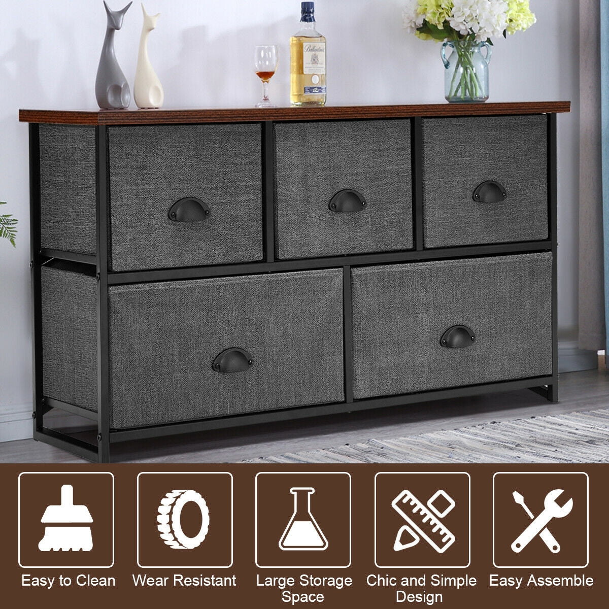 5-Drawer Fabric Dresser - Gray (min order qty 2)-Dressers & Chests-DECOROLALA