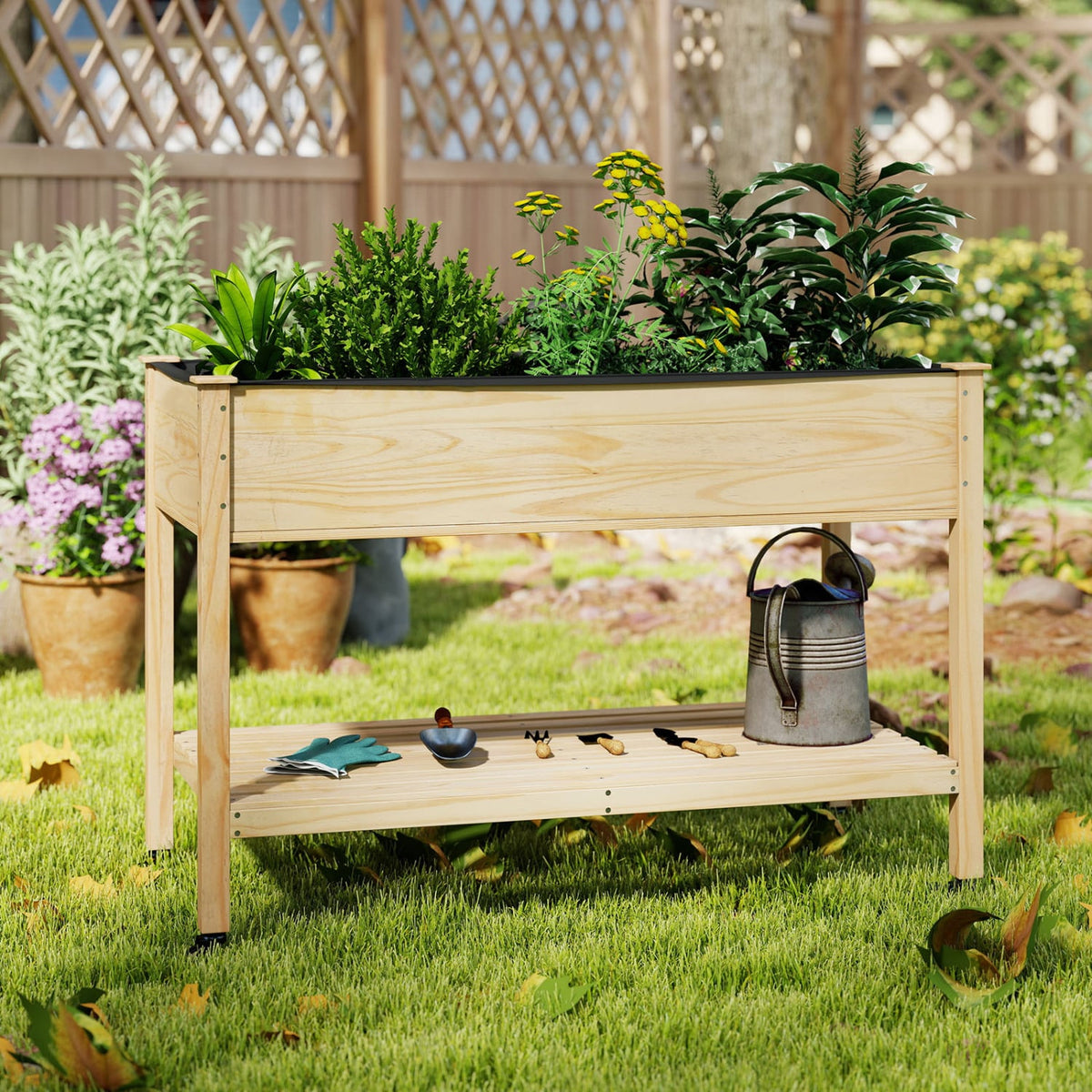 Wood Elevated Planter Bed with Lockable Wheels Shelf and Liner-Raised Garden Beds-DECOROLALA