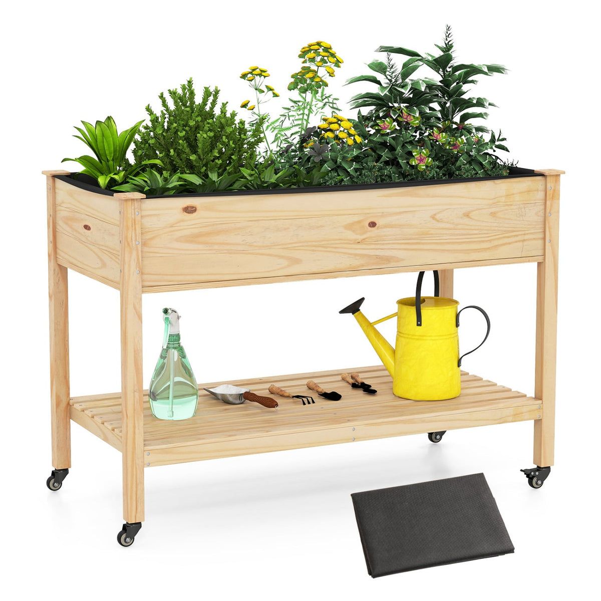 Wood Elevated Planter Bed with Lockable Wheels Shelf and Liner-Raised Garden Beds-DECOROLALA
