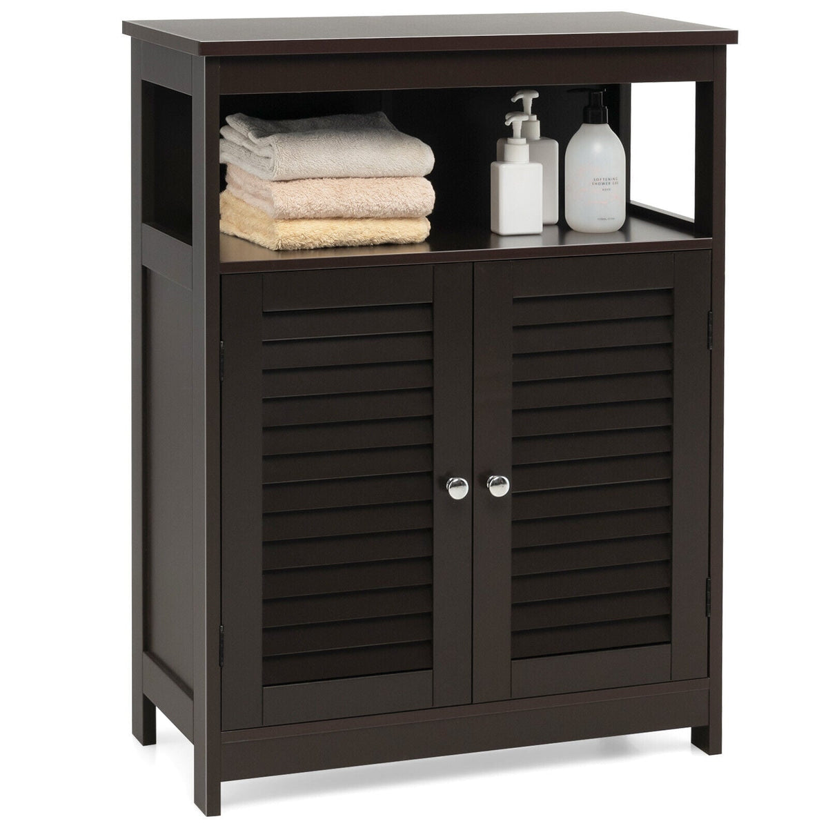 Wood Freestanding Bathroom Cabinet - Brown 23.5" Shutter Door-Floor Cabinets-DECOROLALA