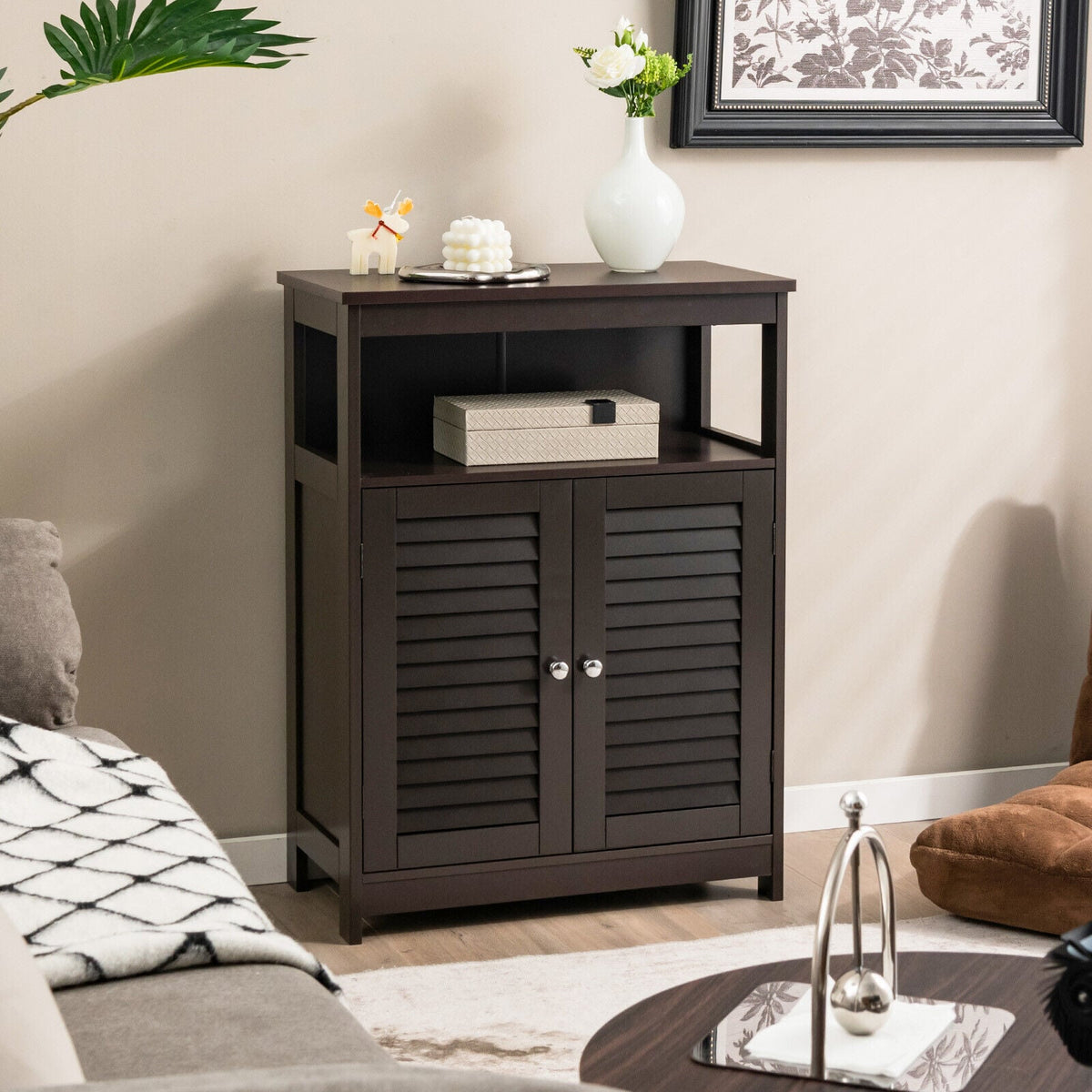 Wood Freestanding Bathroom Cabinet - Brown 23.5" Shutter Door-Floor Cabinets-DECOROLALA