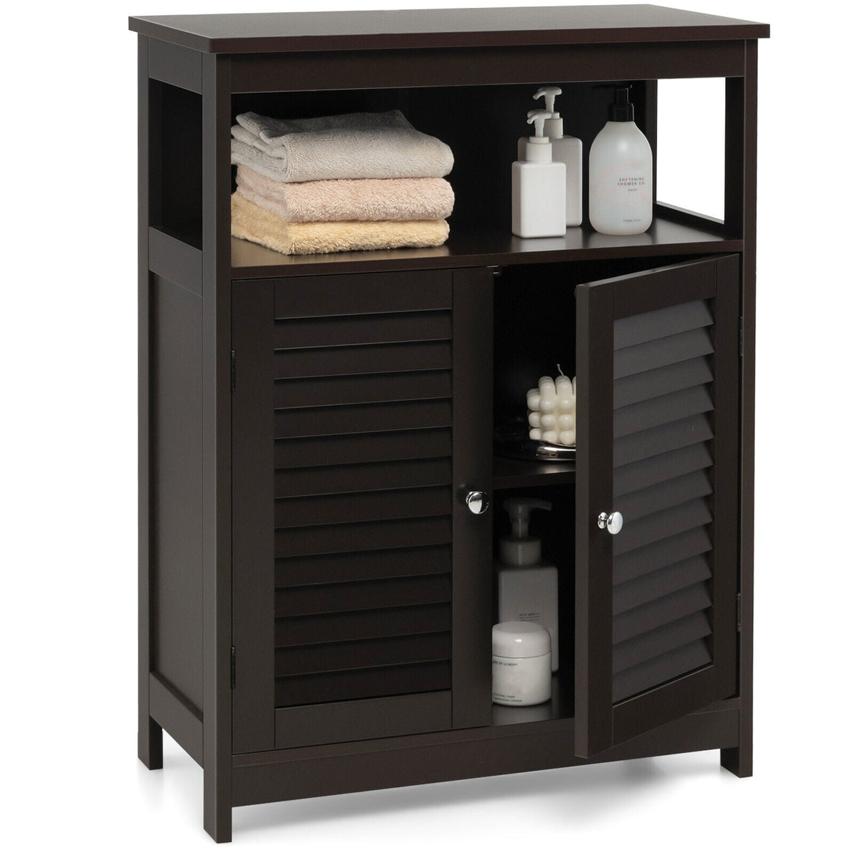 Wood Freestanding Bathroom Cabinet - Brown 23.5" Shutter Door-Floor Cabinets-DECOROLALA