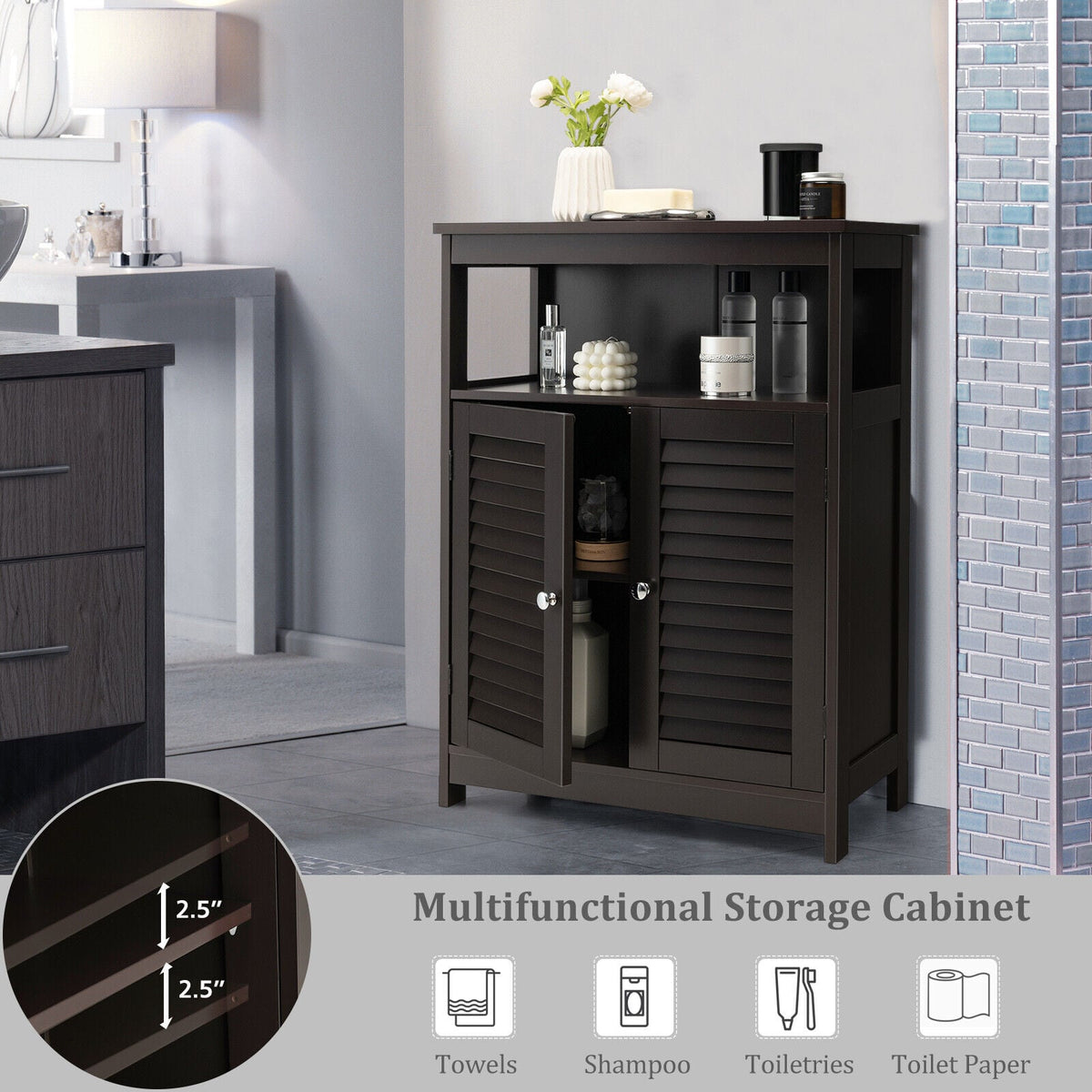 Wood Freestanding Bathroom Cabinet - Brown 23.5" Shutter Door-Floor Cabinets-DECOROLALA