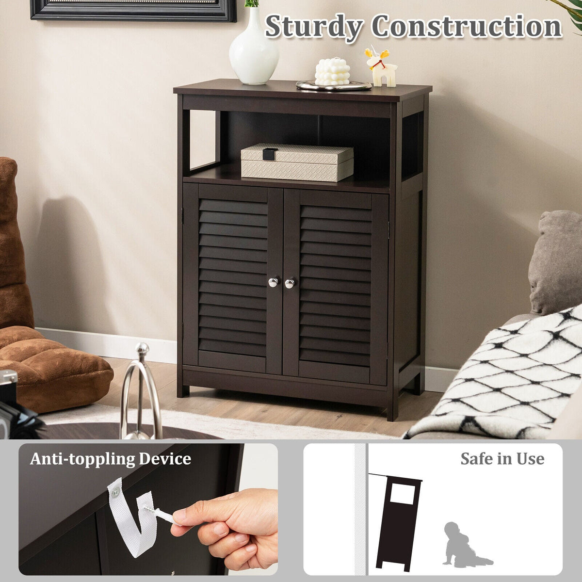 Wood Freestanding Bathroom Cabinet - Brown 23.5" Shutter Door-Floor Cabinets-DECOROLALA
