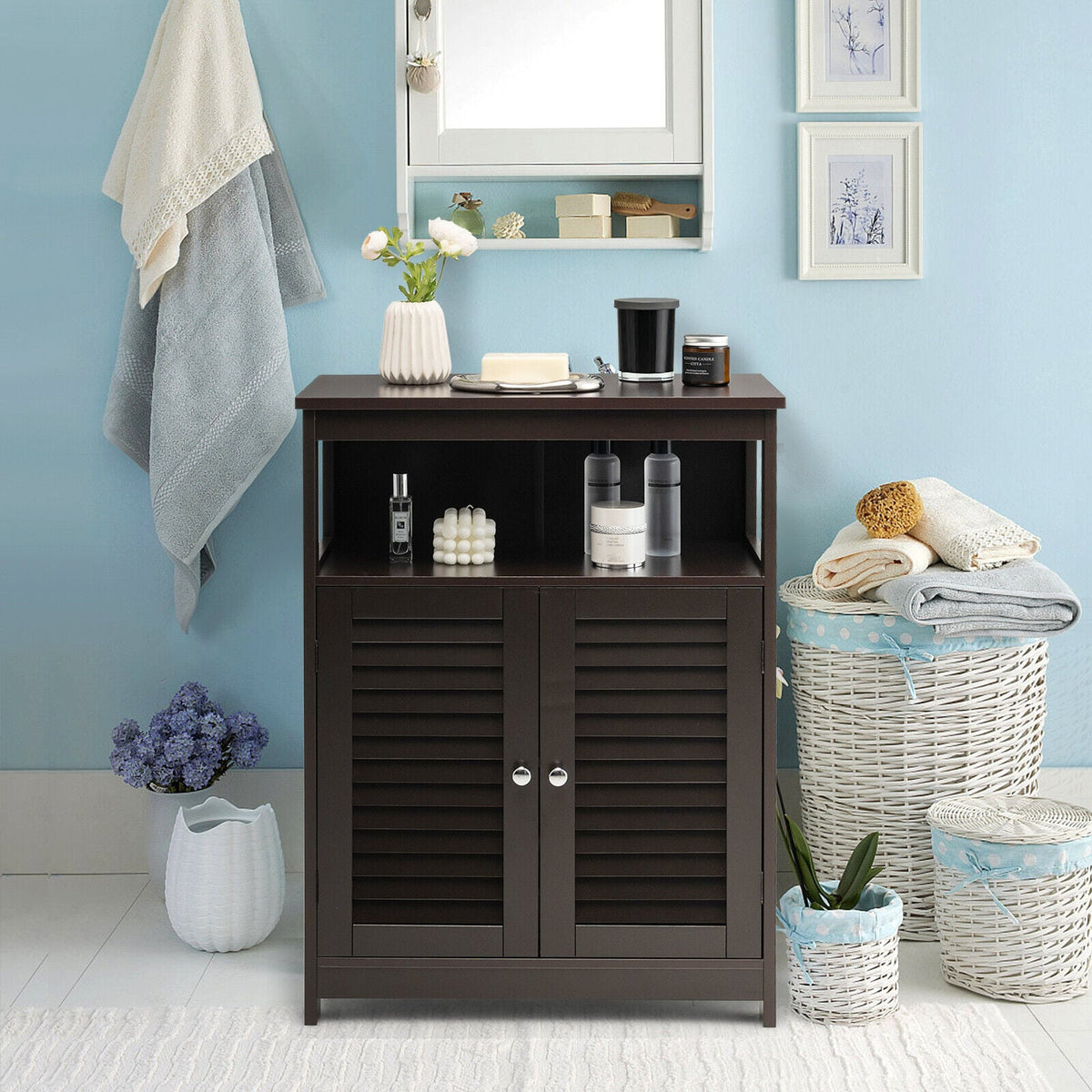 Wood Freestanding Bathroom Cabinet - Brown 23.5" Shutter Door-Floor Cabinets-DECOROLALA