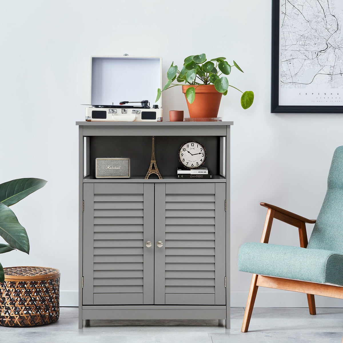 Wood Freestanding Bathroom Storage Cabinet with Double Shutter Door-Gray-Floor Cabinets-DECOROLALA