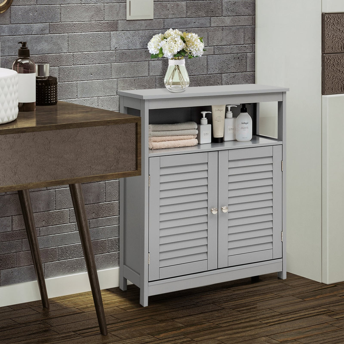 Wood Freestanding Bathroom Storage Cabinet with Double Shutter Door-Gray-Floor Cabinets-DECOROLALA