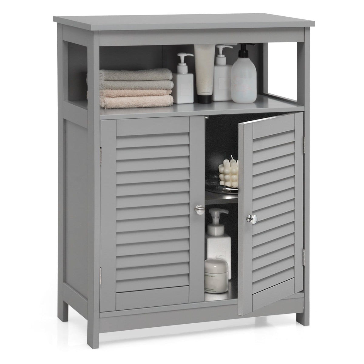 Wood Freestanding Bathroom Storage Cabinet with Double Shutter Door-Gray-Floor Cabinets-DECOROLALA