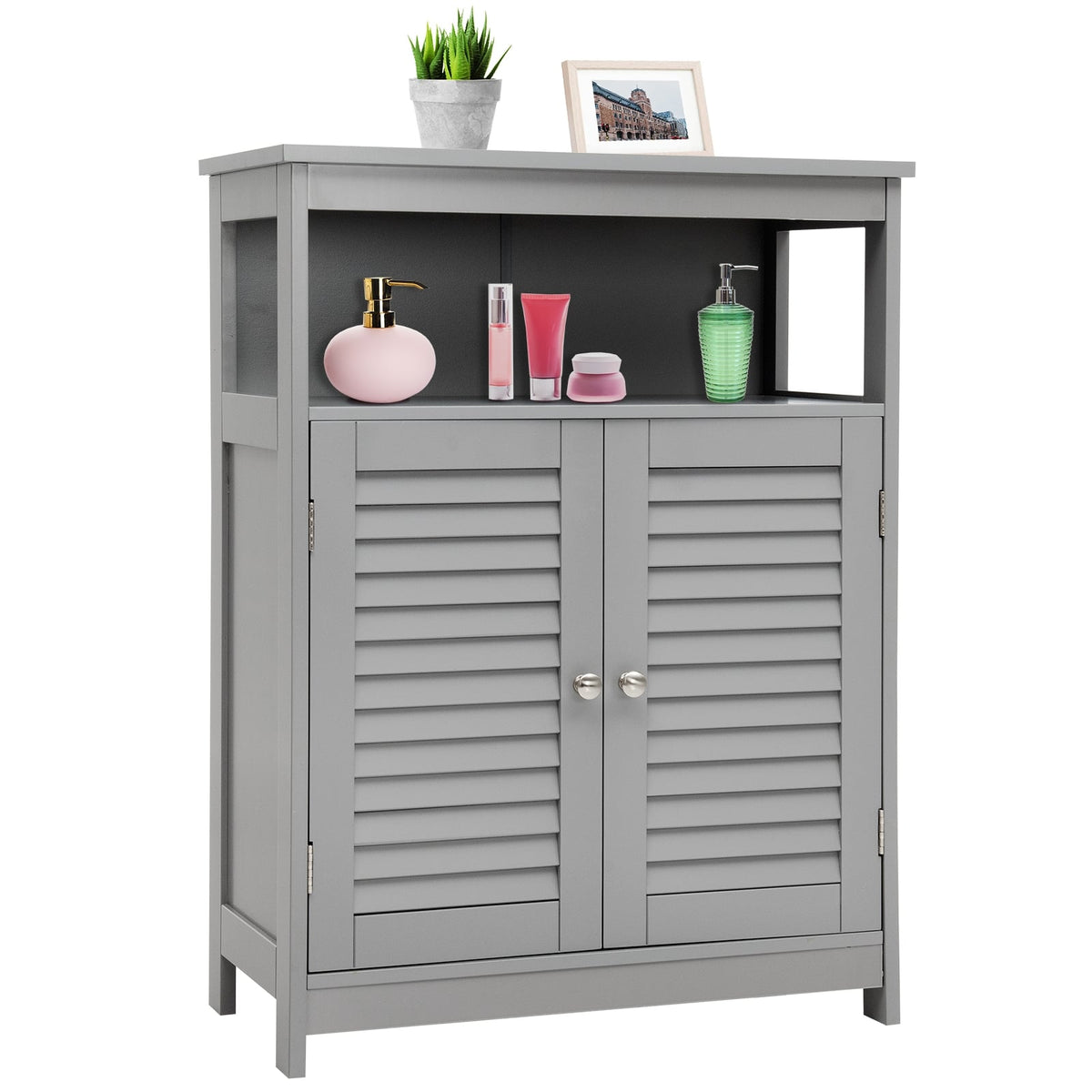 Wood Freestanding Bathroom Storage Cabinet with Double Shutter Door-Gray-Floor Cabinets-DECOROLALA