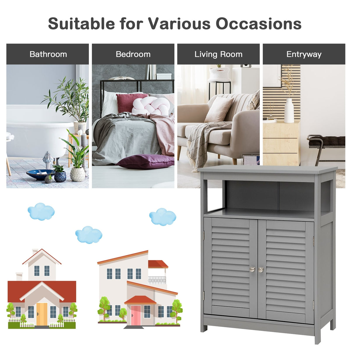 Wood Freestanding Bathroom Storage Cabinet with Double Shutter Door-Gray-Floor Cabinets-DECOROLALA