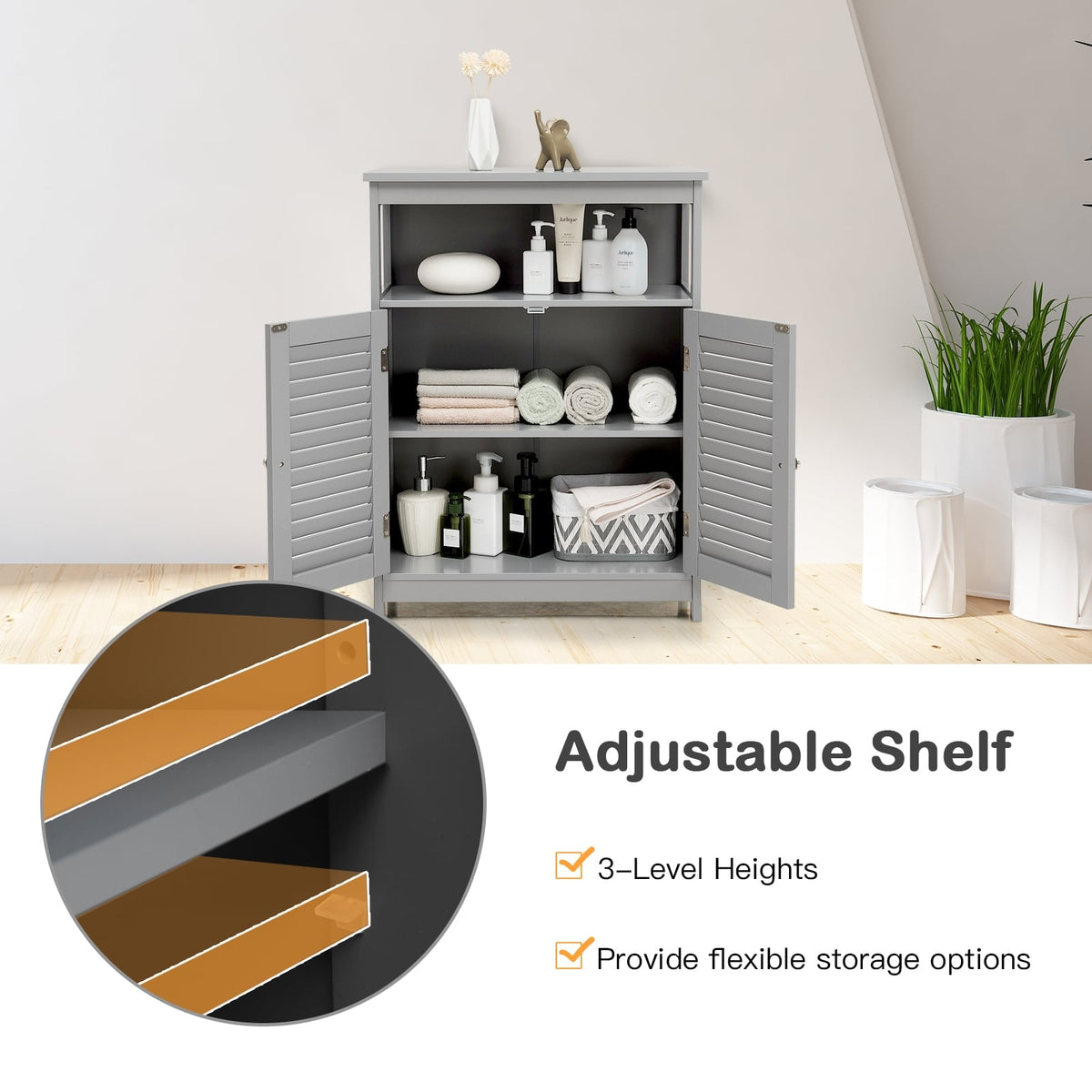 Wood Freestanding Bathroom Storage Cabinet with Double Shutter Door-Gray-Floor Cabinets-DECOROLALA
