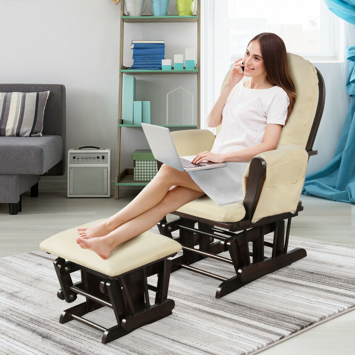 Wood Glider and Ottoman Set with Padded Armrests and Detachable Cushion-Beige-Recliners-DECOROLALA