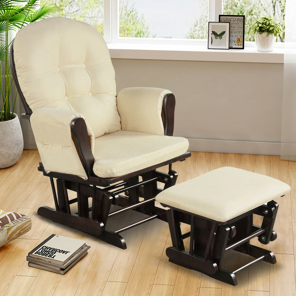Wood Glider and Ottoman Set with Padded Armrests and Detachable Cushion-Beige-Recliners-DECOROLALA