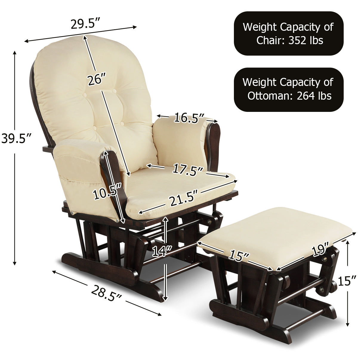Wood Glider and Ottoman Set with Padded Armrests and Detachable Cushion-Beige-Recliners-DECOROLALA