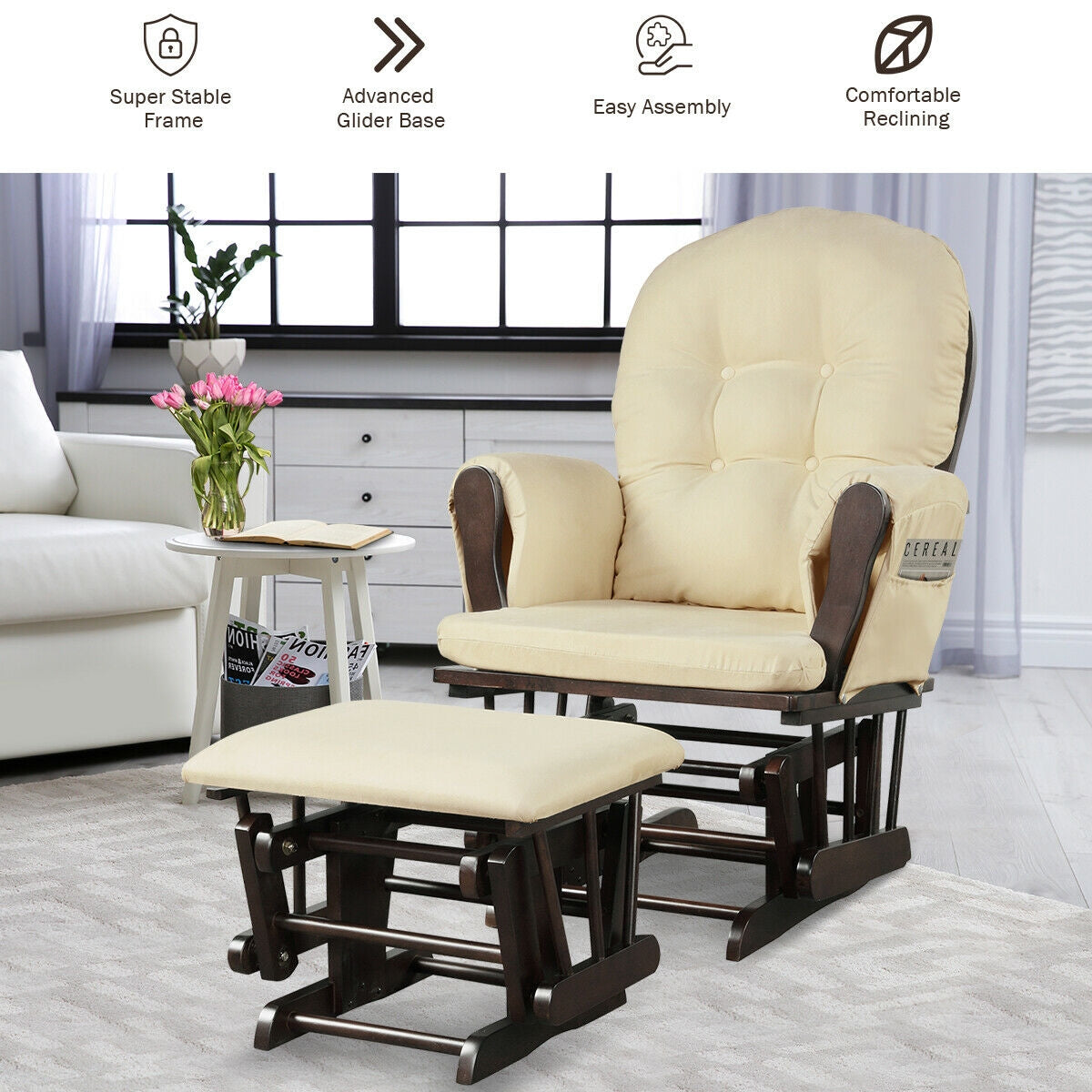 Wood Glider and Ottoman Set with Padded Armrests and Detachable Cushion-Beige-Recliners-DECOROLALA