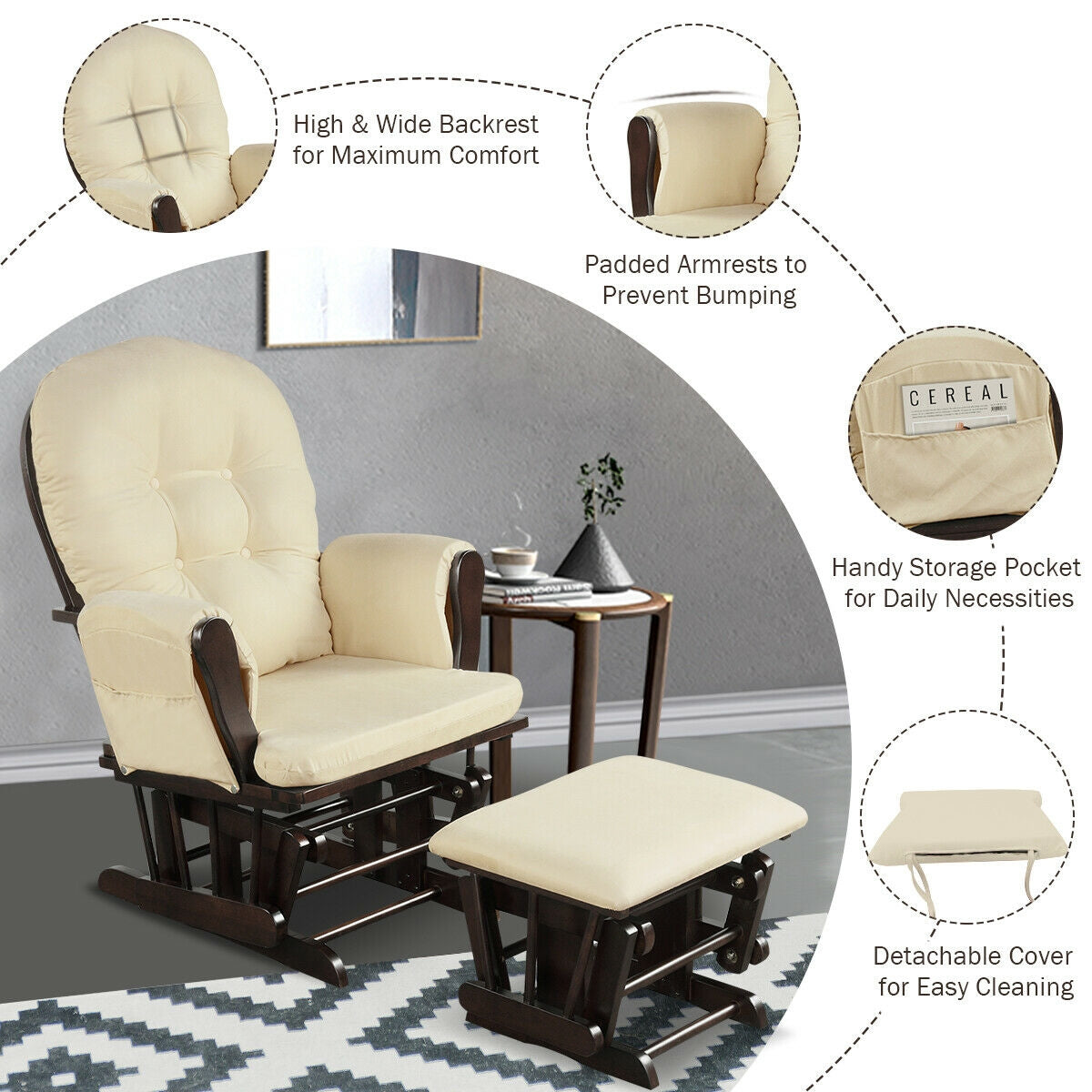 Wood Glider and Ottoman Set with Padded Armrests and Detachable Cushion-Beige-Recliners-DECOROLALA
