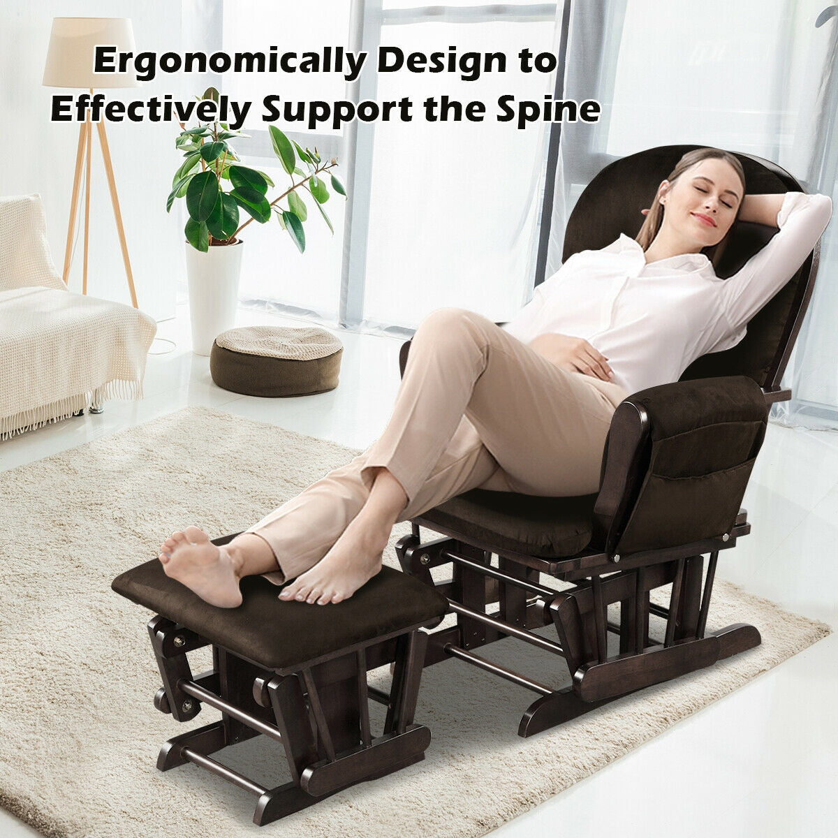 Wood Glider and Ottoman Set with Padded Armrests and Detachable Cushion-Brown-Recliners-DECOROLALA