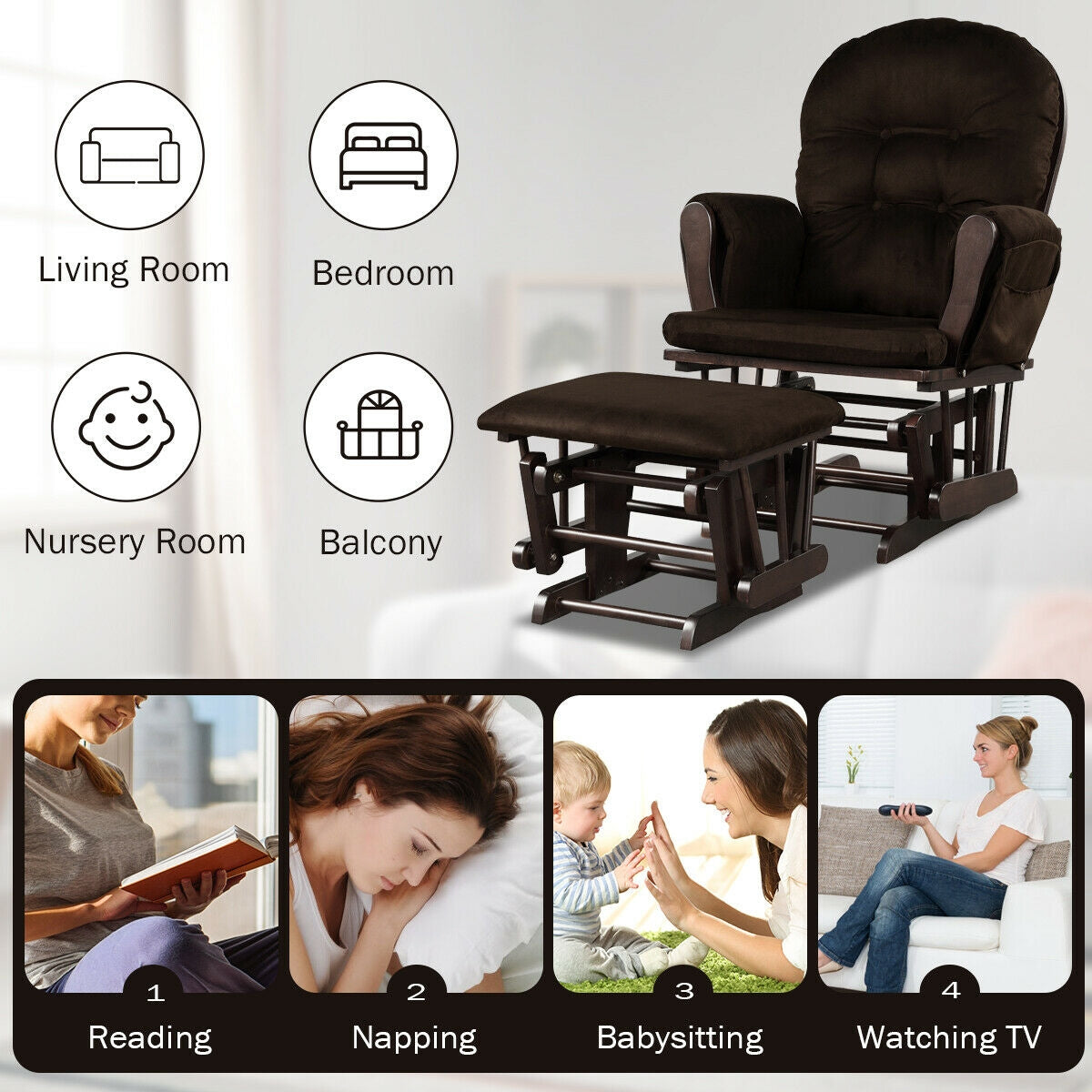 Wood Glider and Ottoman Set with Padded Armrests and Detachable Cushion-Brown-Recliners-DECOROLALA
