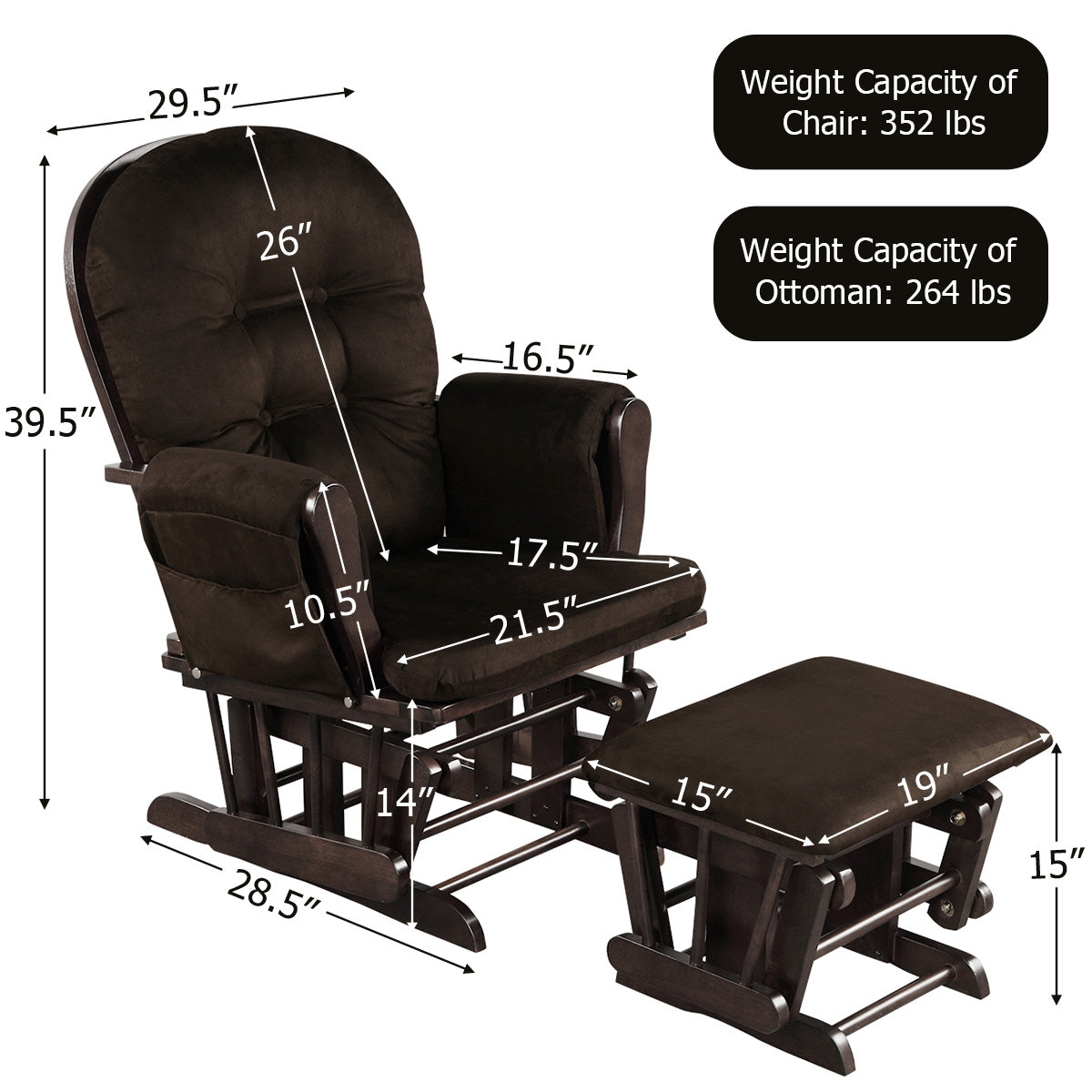 Wood Glider and Ottoman Set with Padded Armrests and Detachable Cushion-Brown-Recliners-DECOROLALA
