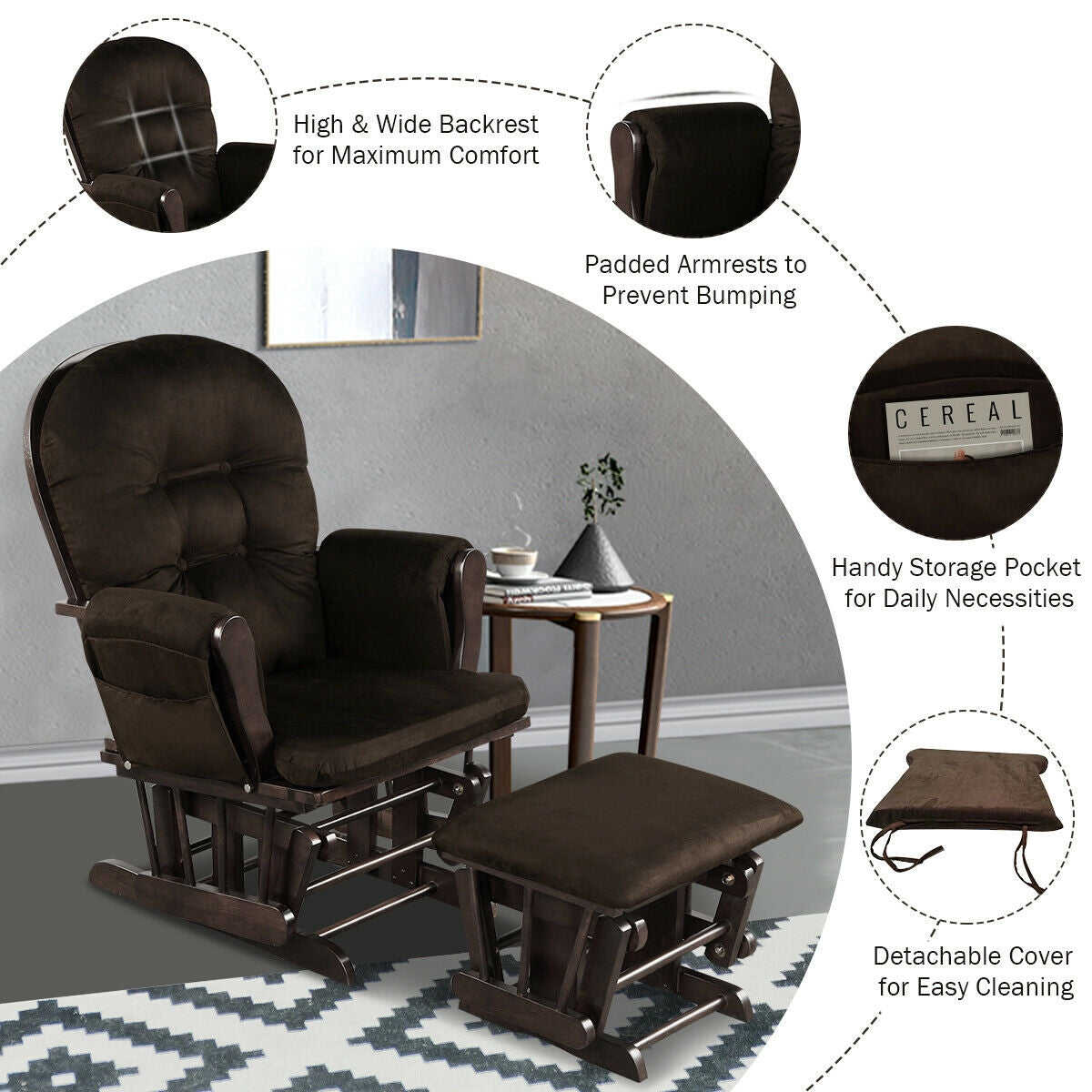 Wood Glider and Ottoman Set with Padded Armrests and Detachable Cushion-Brown-Recliners-DECOROLALA