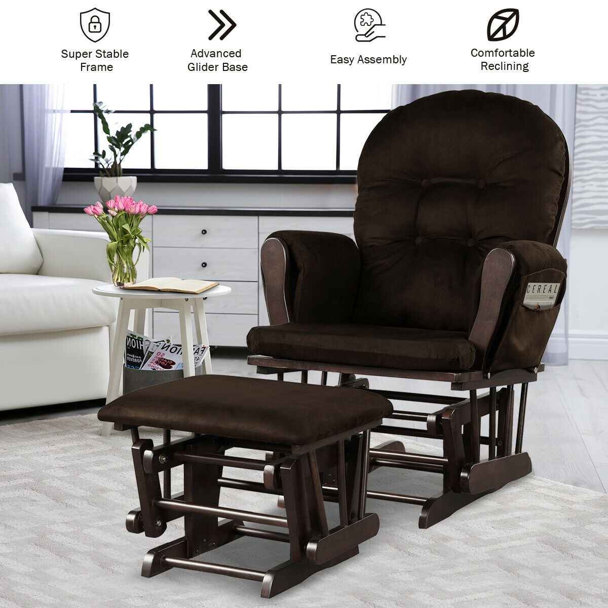 Wood Glider and Ottoman Set with Padded Armrests and Detachable Cushion-Brown-Recliners-DECOROLALA