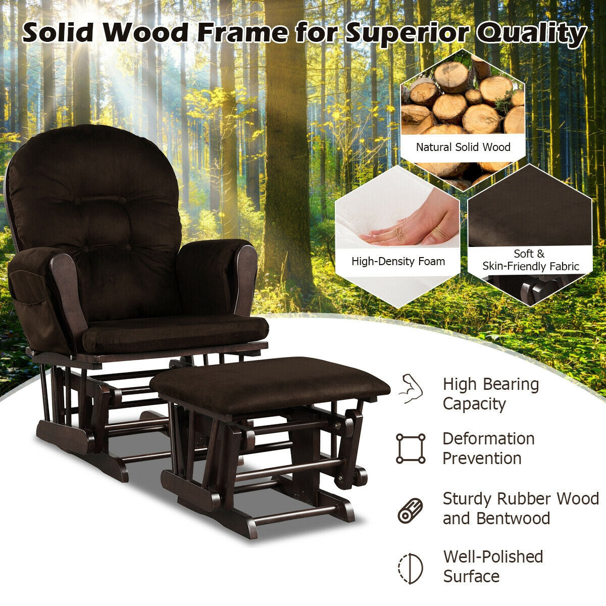 Wood Glider and Ottoman Set with Padded Armrests and Detachable Cushion-Brown-Recliners-DECOROLALA