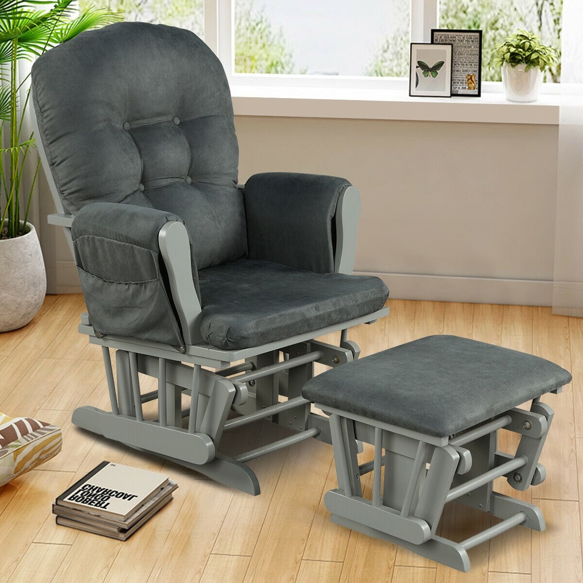 Wood Glider and Ottoman Set with Padded Armrests and Detachable Cushion-Dark Gray-Recliners-DECOROLALA