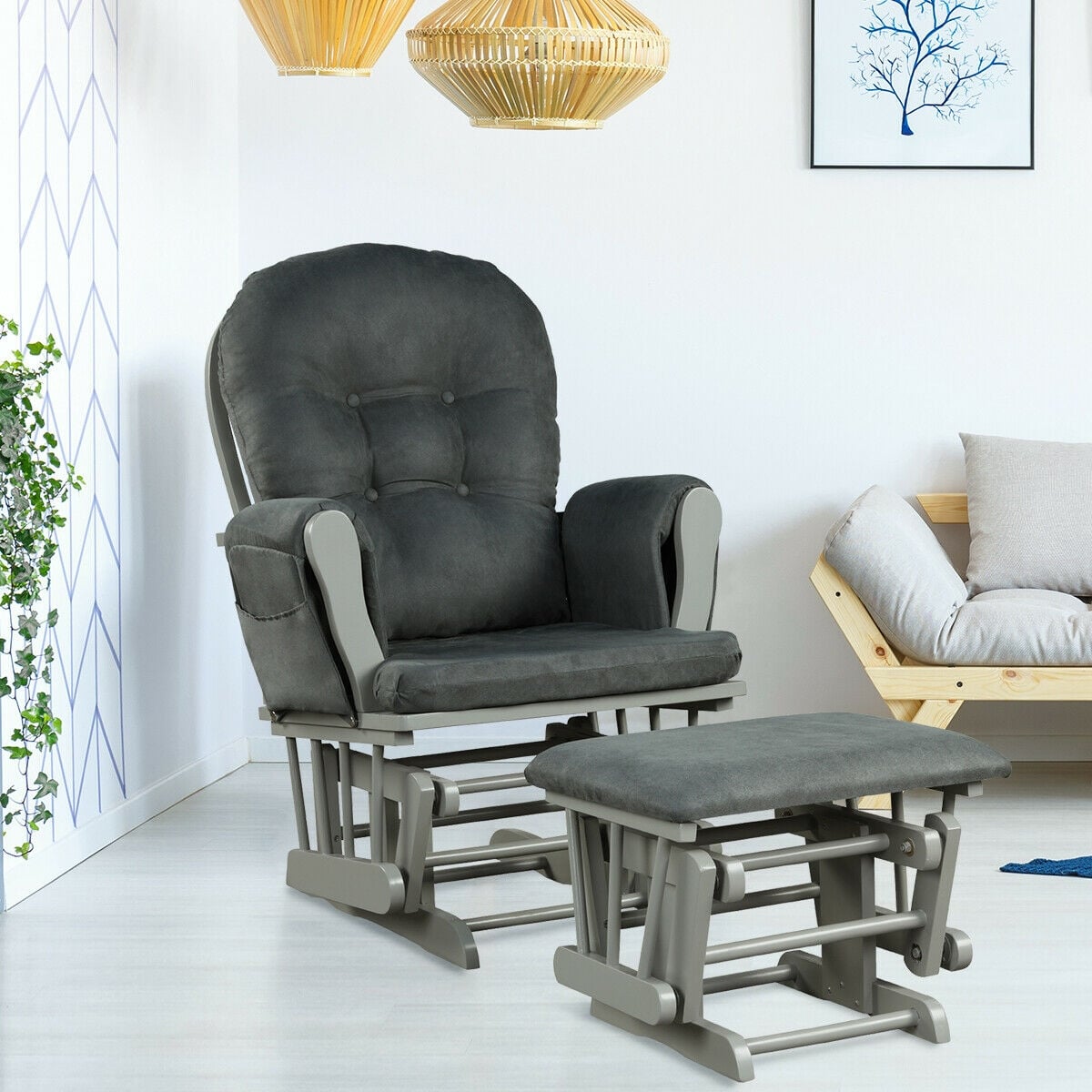 Wood Glider and Ottoman Set with Padded Armrests and Detachable Cushion-Dark Gray-Recliners-DECOROLALA