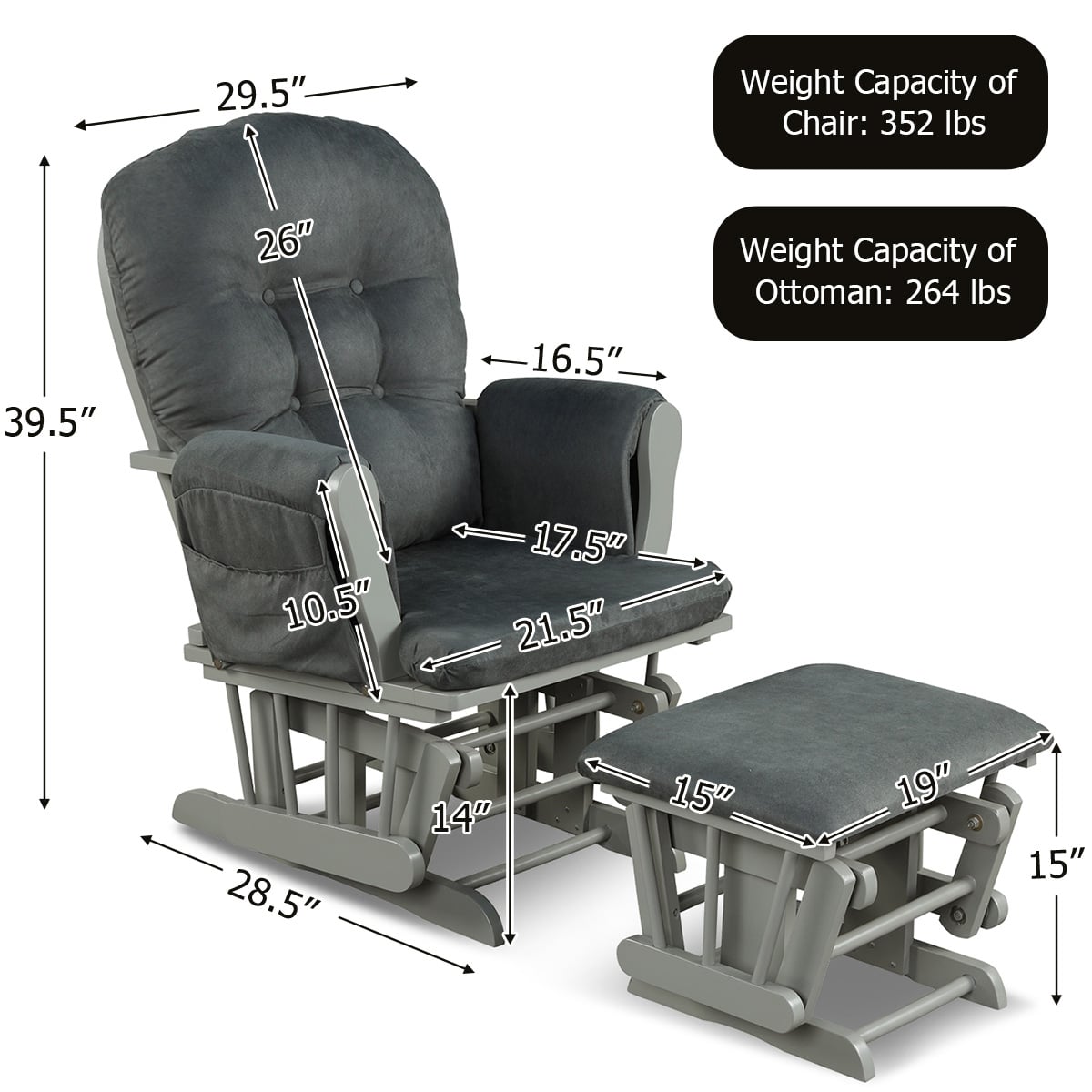 Wood Glider and Ottoman Set with Padded Armrests and Detachable Cushion-Dark Gray-Recliners-DECOROLALA