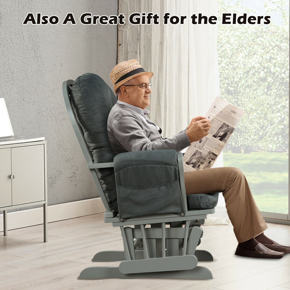 Wood Glider and Ottoman Set with Padded Armrests and Detachable Cushion-Dark Gray-Recliners-DECOROLALA