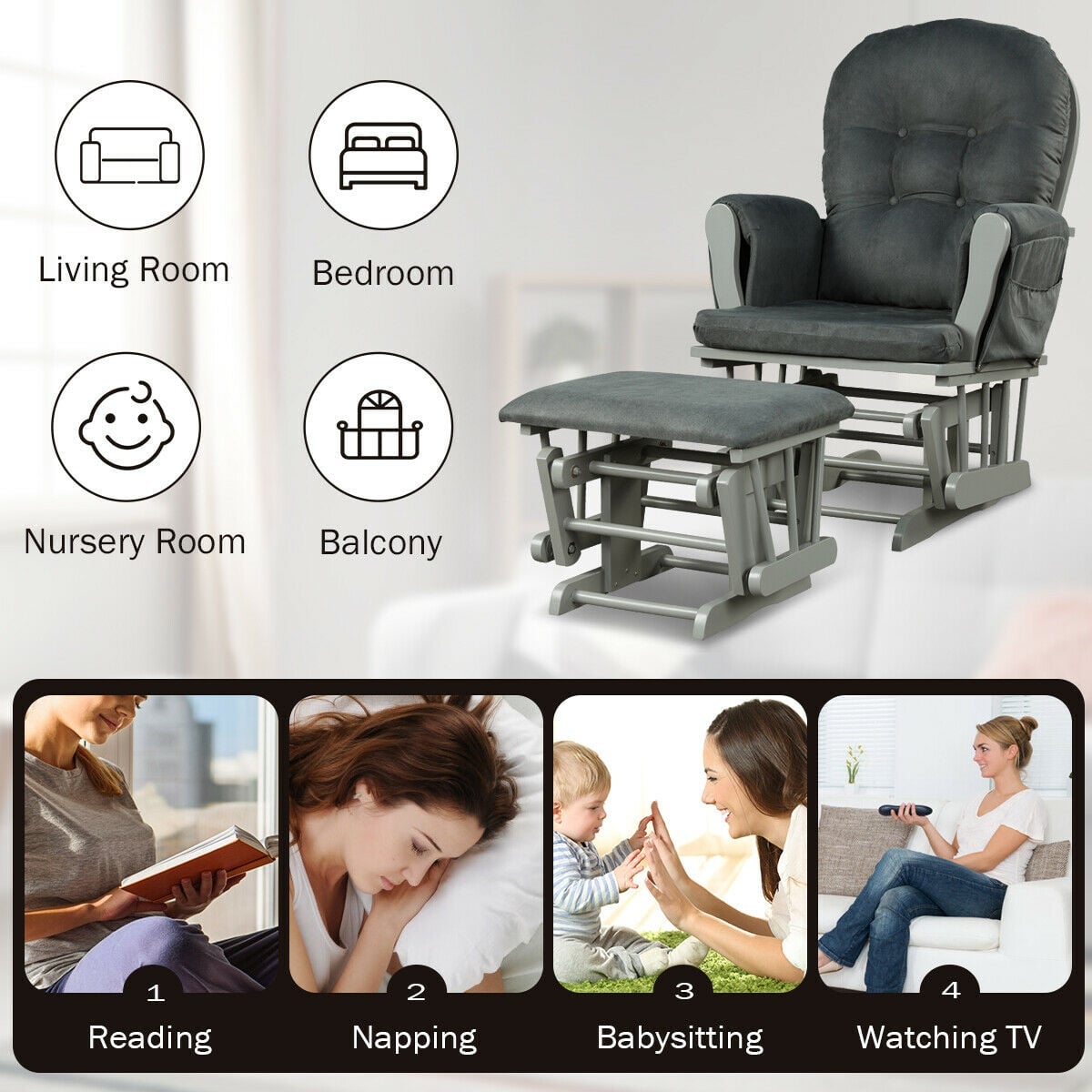 Wood Glider and Ottoman Set with Padded Armrests and Detachable Cushion-Dark Gray-Recliners-DECOROLALA