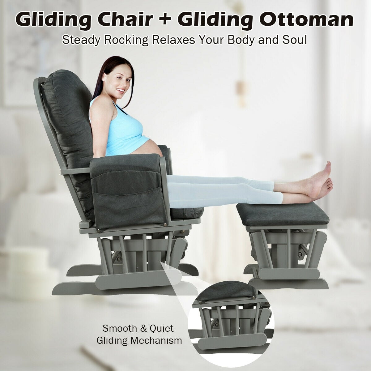 Wood Glider and Ottoman Set with Padded Armrests and Detachable Cushion-Dark Gray-Recliners-DECOROLALA