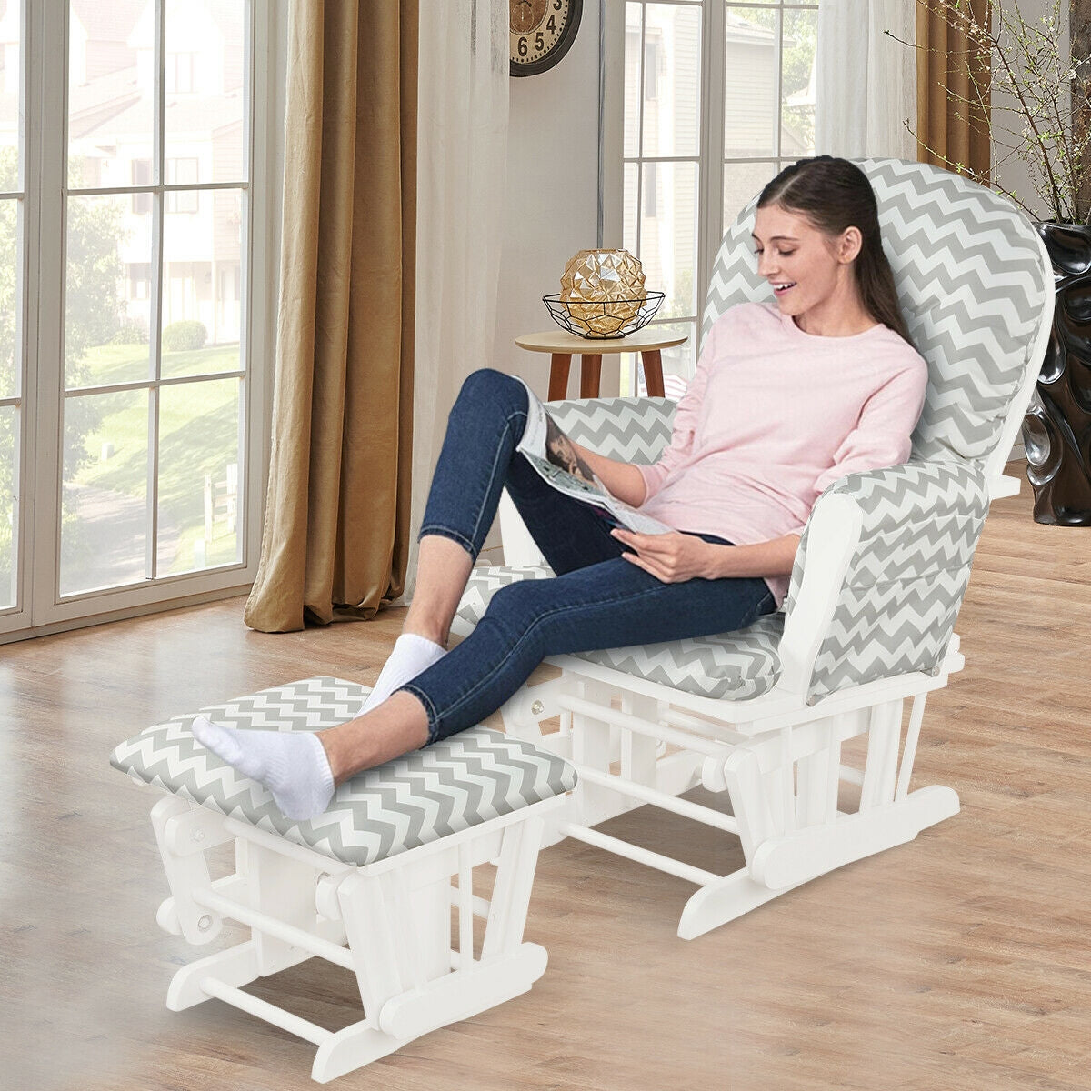 Wood Glider and Ottoman Set with Padded Armrests and Detachable Cushion-Gray and White-Recliners-DECOROLALA