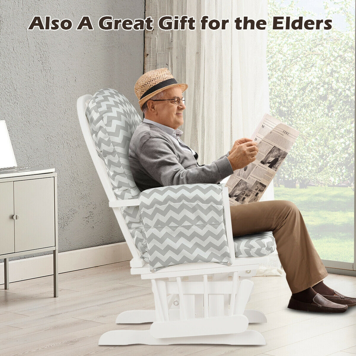 Wood Glider and Ottoman Set with Padded Armrests and Detachable Cushion-Gray and White-Recliners-DECOROLALA