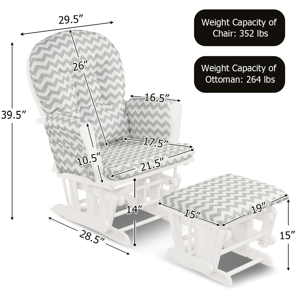 Wood Glider and Ottoman Set with Padded Armrests and Detachable Cushion-Gray and White-Recliners-DECOROLALA