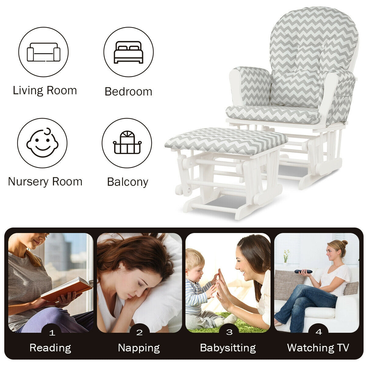 Wood Glider and Ottoman Set with Padded Armrests and Detachable Cushion-Gray and White-Recliners-DECOROLALA