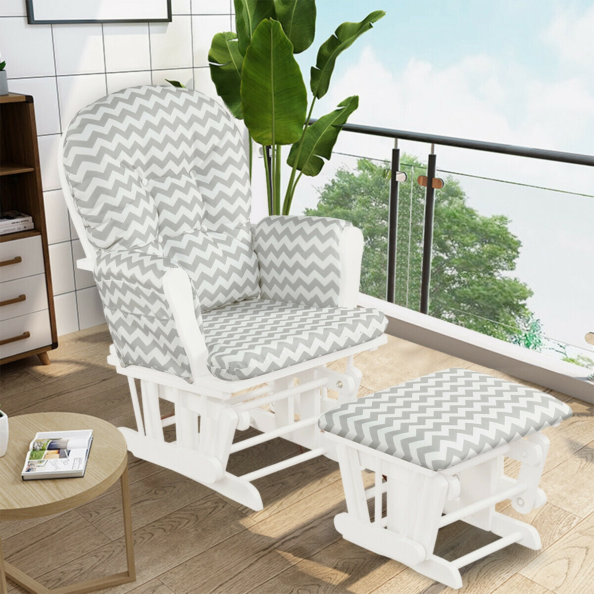 Wood Glider and Ottoman Set with Padded Armrests and Detachable Cushion-Gray and White-Recliners-DECOROLALA